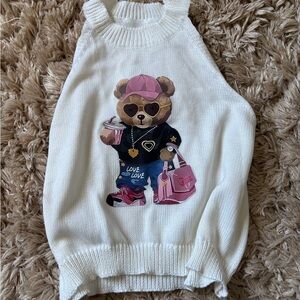White Knit Tank with Pink Bear Graphic